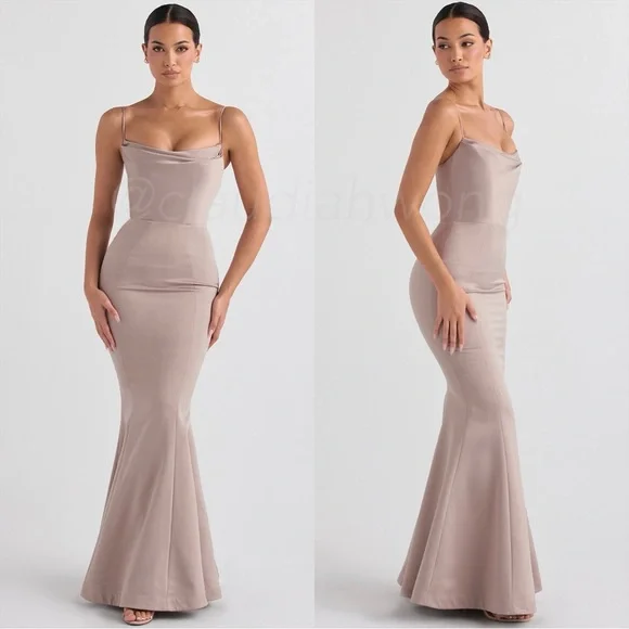 HOUSE OF CB Violette Mushroom Satin Fishtail Gown - Picture 3 of 11